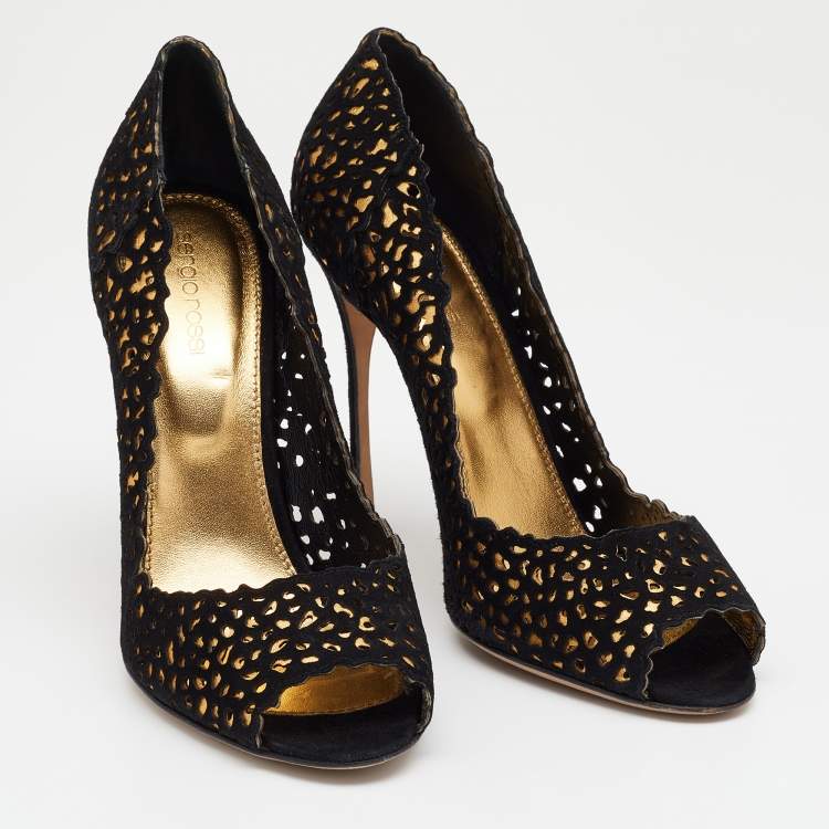 Pre Owned Sergio Rossi Black Suede Laser Cut Peep Toe Pumps Size 40
