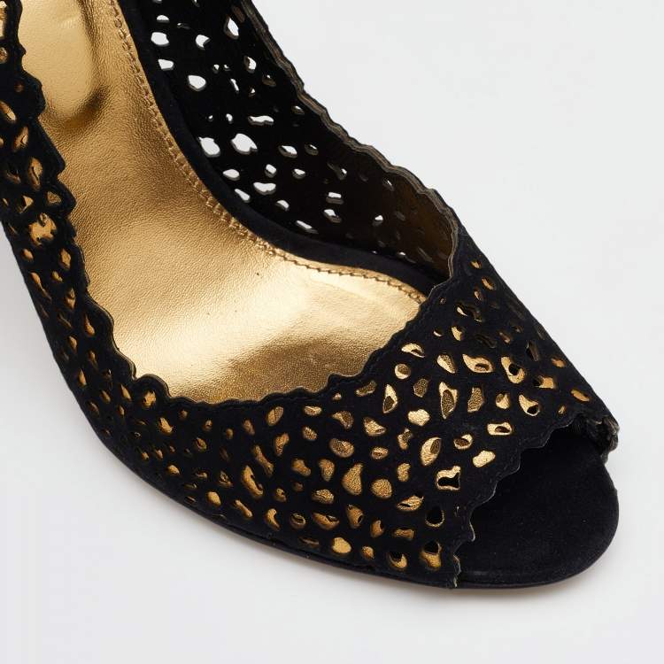 Pre Owned Sergio Rossi Black Suede Laser Cut Peep Toe Pumps Size 40