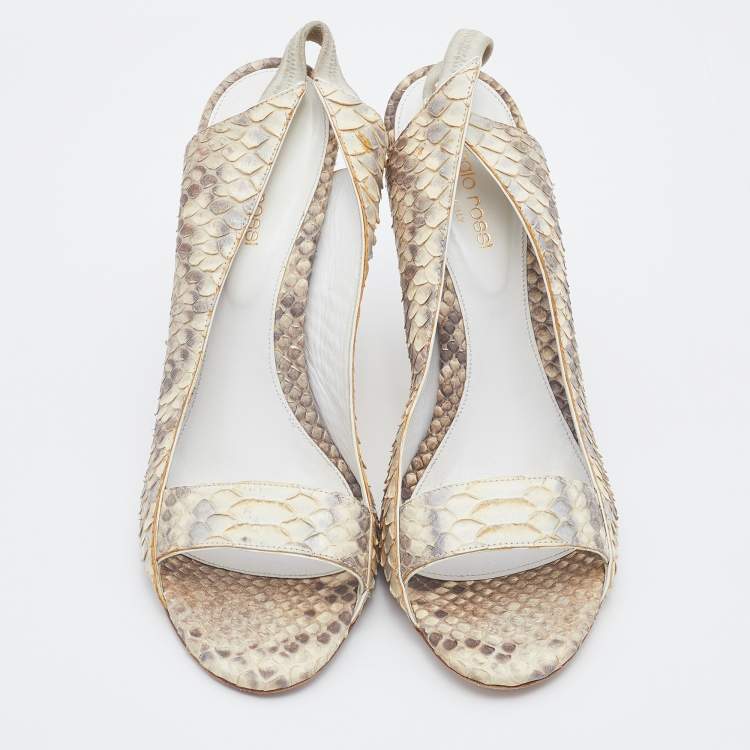 Pre Owned Sergio Rossi Grey/Off-White Python Leather Open Toe Slingback Sandals Size 40
