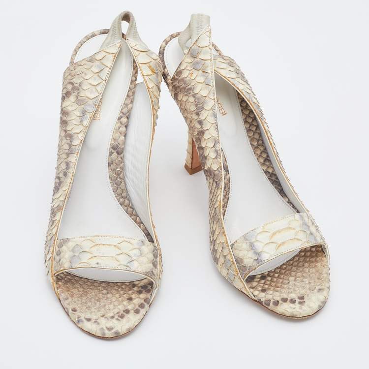 Pre Owned Sergio Rossi Grey/Off-White Python Leather Open Toe Slingback Sandals Size 40