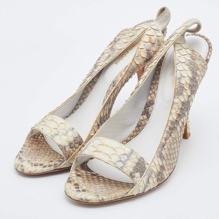 Pre Owned Sergio Rossi Grey/Off-White Python Leather Open Toe Slingback Sandals Size 40