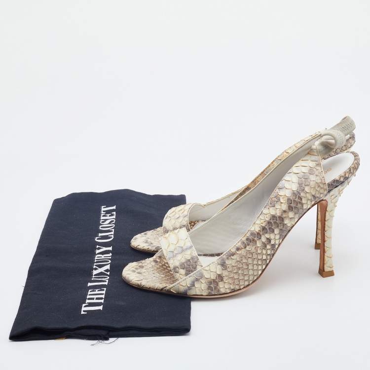 Pre Owned Sergio Rossi Grey/Off-White Python Leather Open Toe Slingback Sandals Size 40