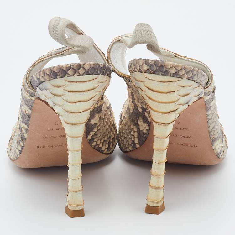 Pre Owned Sergio Rossi Grey/Off-White Python Leather Open Toe Slingback Sandals Size 40