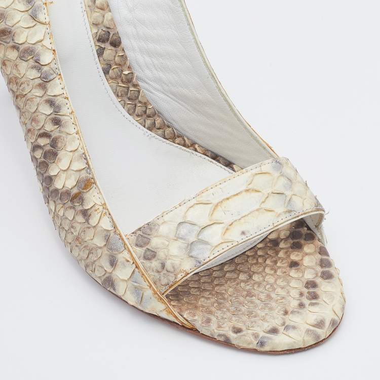 Pre Owned Sergio Rossi Grey/Off-White Python Leather Open Toe Slingback Sandals Size 40