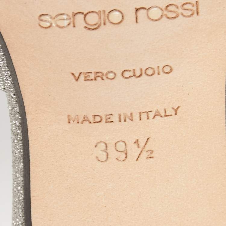 Pre Owned Sergio Rossi Silver Glitter Fabric Crystal Embellished Pointed Toe Mules Size 39.5 