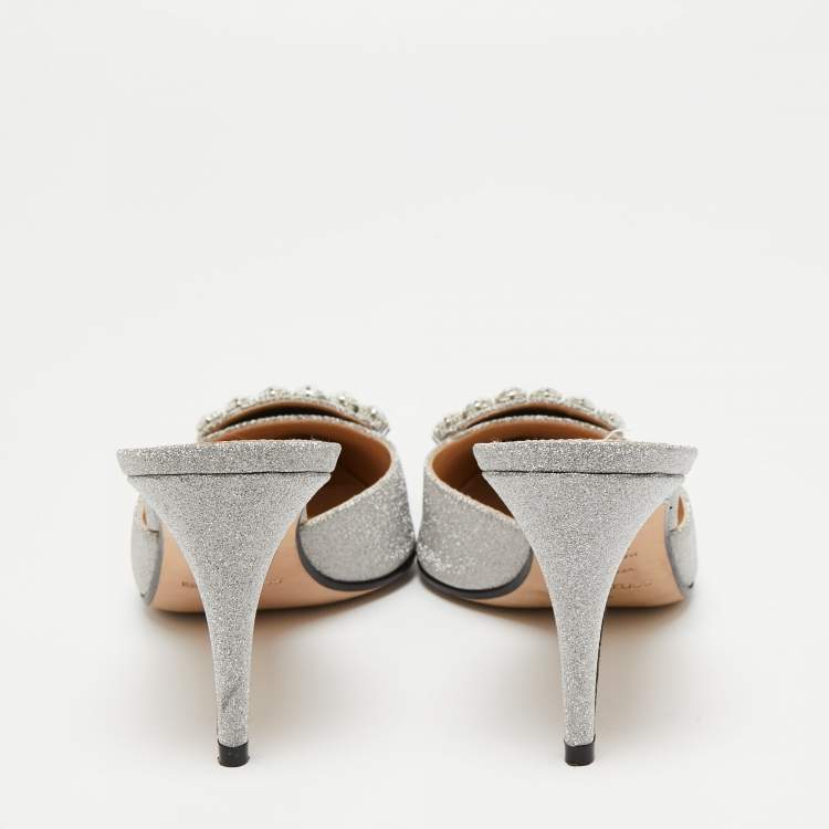 Pre Owned Sergio Rossi Silver Glitter Fabric Crystal Embellished Pointed Toe Mules Size 39.5 