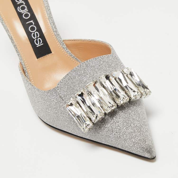 Pre Owned Sergio Rossi Silver Glitter Fabric Crystal Embellished Pointed Toe Mules Size 39.5 