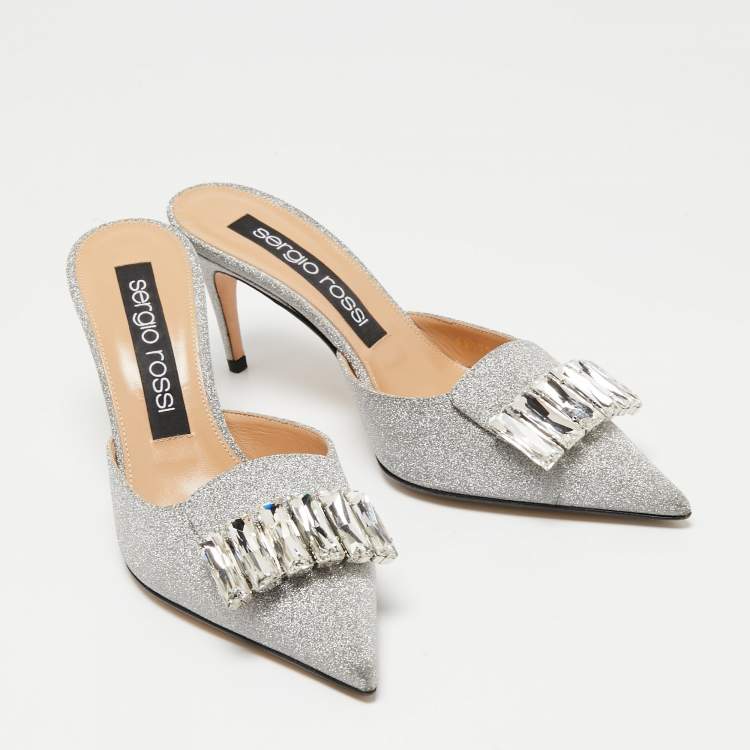 Pre Owned Sergio Rossi Silver Glitter Fabric Crystal Embellished Pointed Toe Mules Size 39.5 