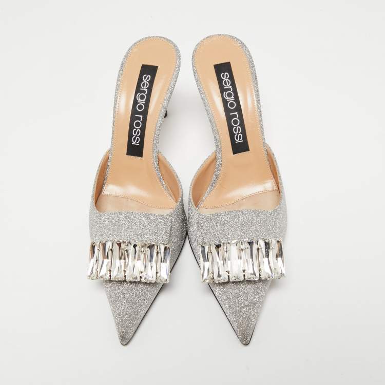 Pre Owned Sergio Rossi Silver Glitter Fabric Crystal Embellished Pointed Toe Mules Size 39.5 