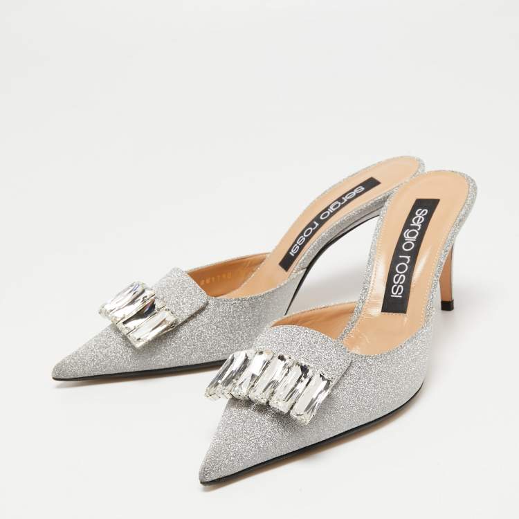 Pre Owned Sergio Rossi Silver Glitter Fabric Crystal Embellished Pointed Toe Mules Size 39.5 