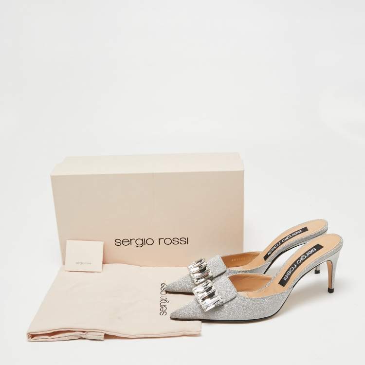 Pre Owned Sergio Rossi Silver Glitter Fabric Crystal Embellished Pointed Toe Mules Size 39.5 