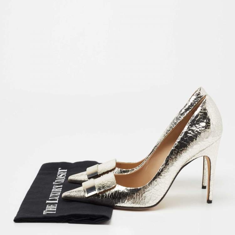 Pre Owned Sergio Rossi Silver Croc Embossed Leather Pumps Size 40