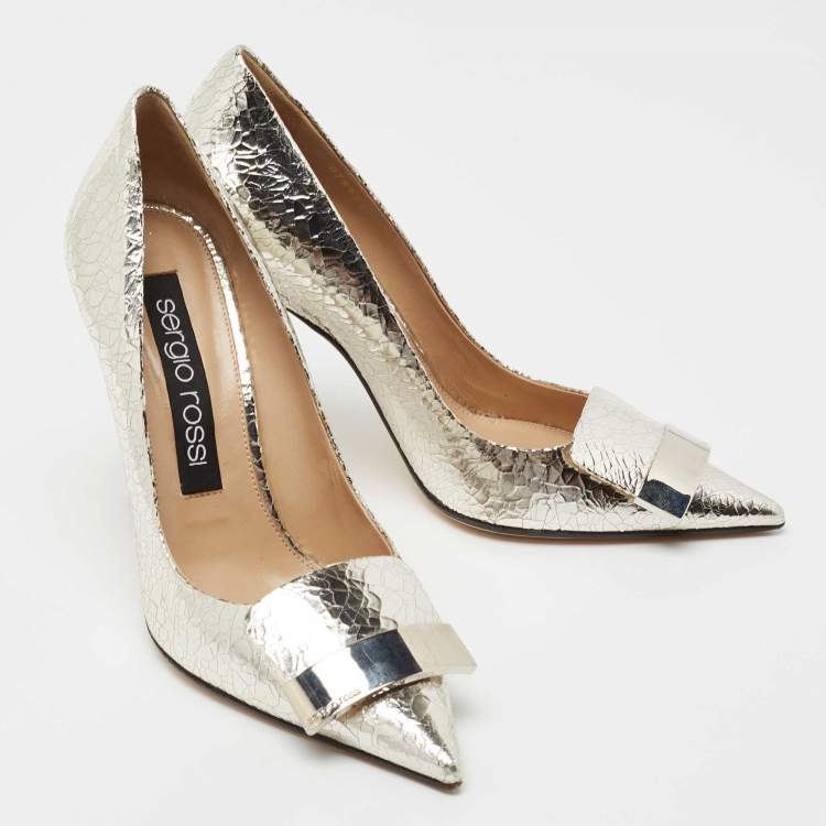 Pre Owned Sergio Rossi Silver Croc Embossed Leather Pumps Size 40