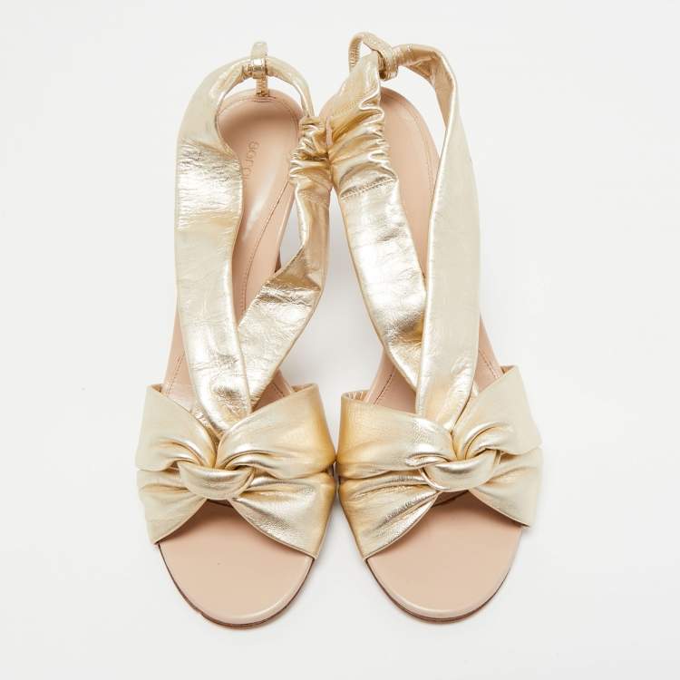 Pre Owned Sergio Rossi Gold Leather Knot Detail Open Toe Sandals Size  40