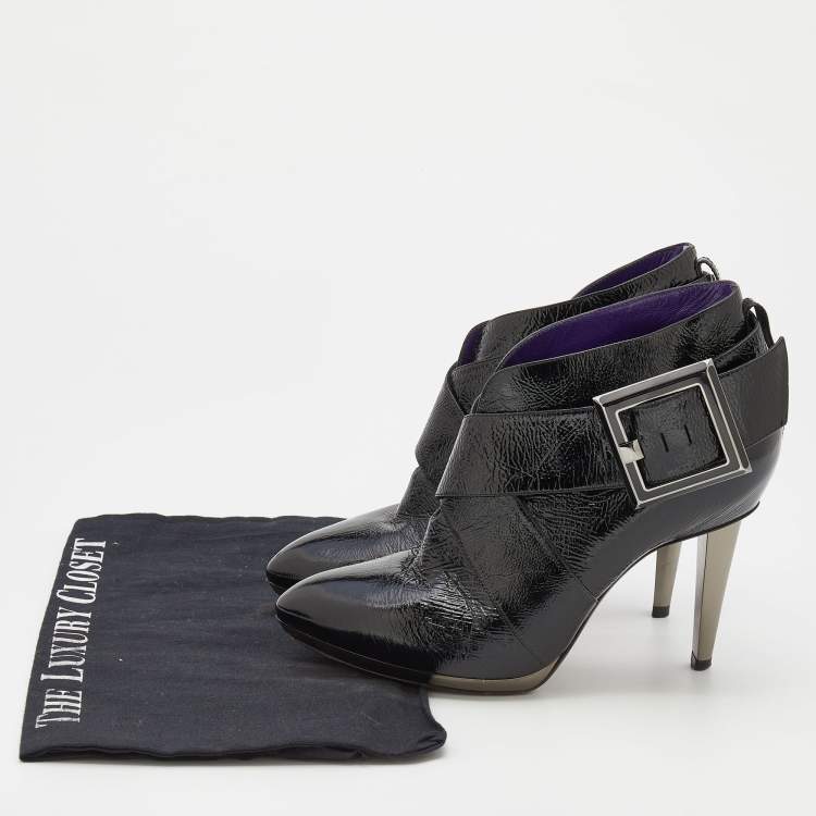 Pre Owned Sergio Rossi Black Patent Leather Buckle Detail Ankle Length Boots Size 37
