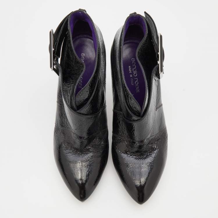 Pre Owned Sergio Rossi Black Patent Leather Buckle Detail Ankle Length Boots Size 37