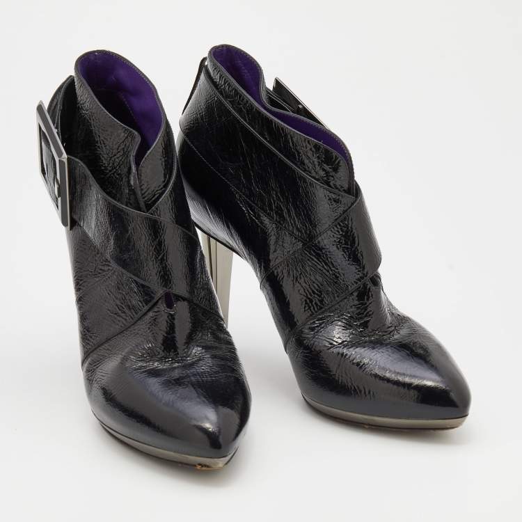 Pre Owned Sergio Rossi Black Patent Leather Buckle Detail Ankle Length Boots Size 37