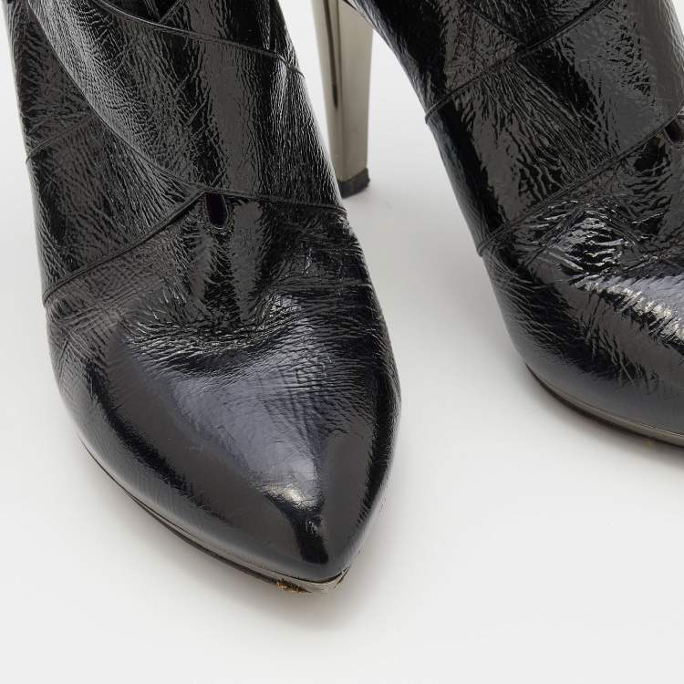 Pre Owned Sergio Rossi Black Patent Leather Buckle Detail Ankle Length Boots Size 37