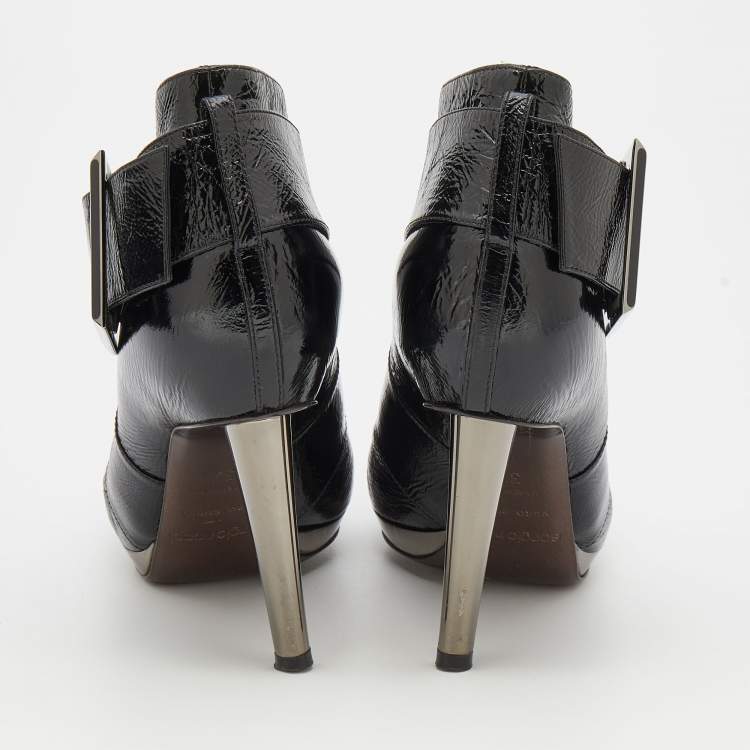 Pre Owned Sergio Rossi Black Patent Leather Buckle Detail Ankle Length Boots Size 37