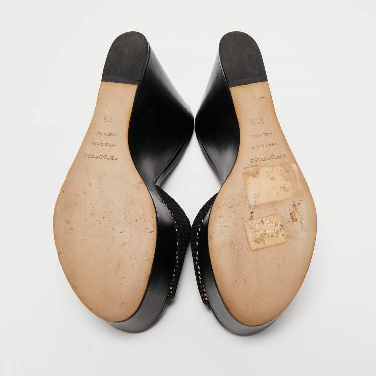 Pre Owned Sergio Rossi Black Mesh and Leather Lakeesha Wedge Slides Sandals Size 37.5