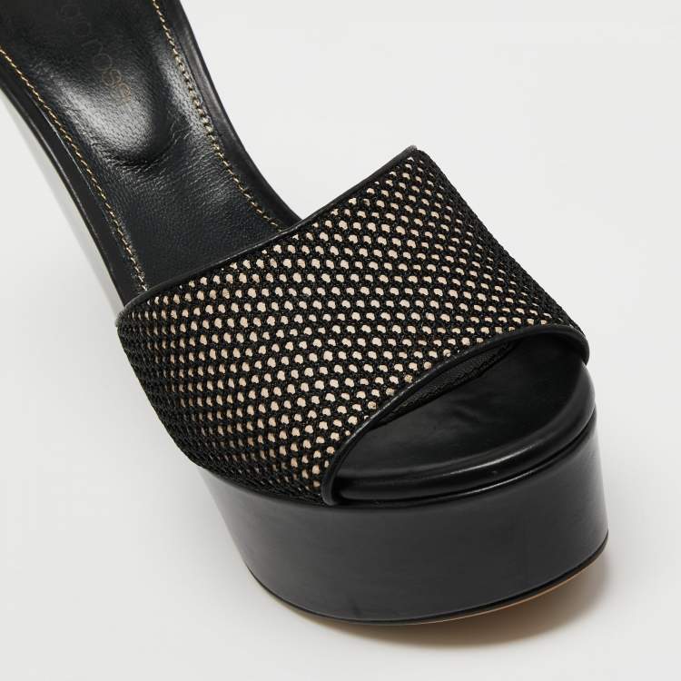 Pre Owned Sergio Rossi Black Mesh and Leather Lakeesha Wedge Slides Sandals Size 37.5