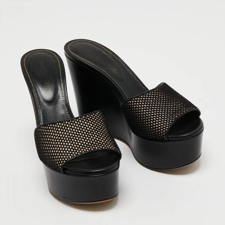 Pre Owned Sergio Rossi Black Mesh and Leather Lakeesha Wedge Slides Sandals Size 37.5