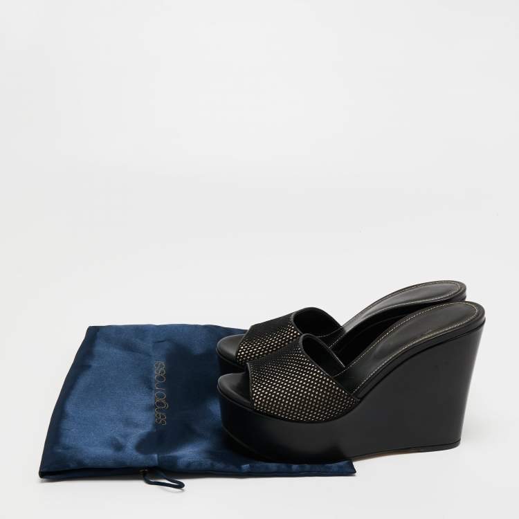 Pre Owned Sergio Rossi Black Mesh and Leather Lakeesha Wedge Slides Sandals Size 37.5