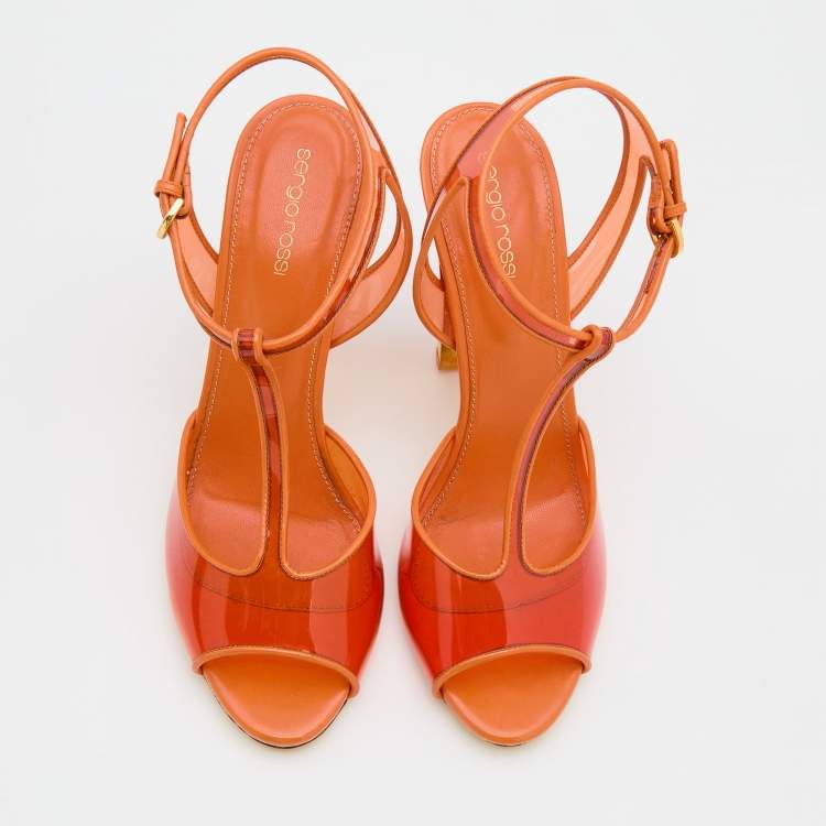 Pre Owned Sergio Rossi Orange Patent Leather and PVC Open Toe T-Strap Sandals Size 41