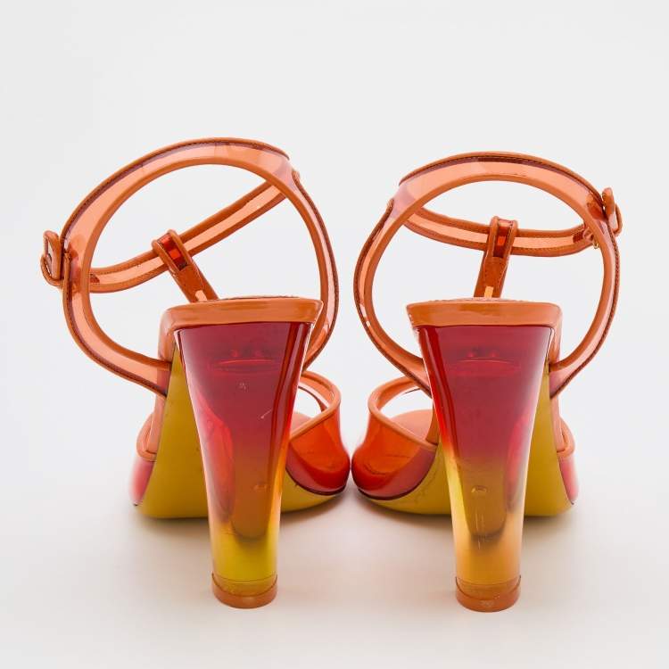 Pre Owned Sergio Rossi Orange Patent Leather and PVC Open Toe T-Strap Sandals Size 41