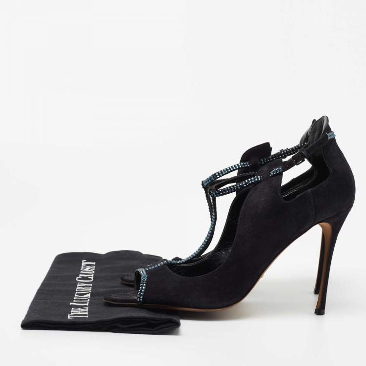 Pre Owned Sergio Rossi Black Suede Crystal Embellished Ankle Strap Sandals Size 42