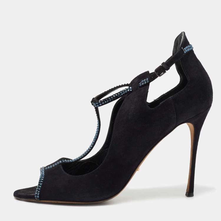 Pre Owned Sergio Rossi Black Suede Crystal Embellished Ankle Strap Sandals Size 42