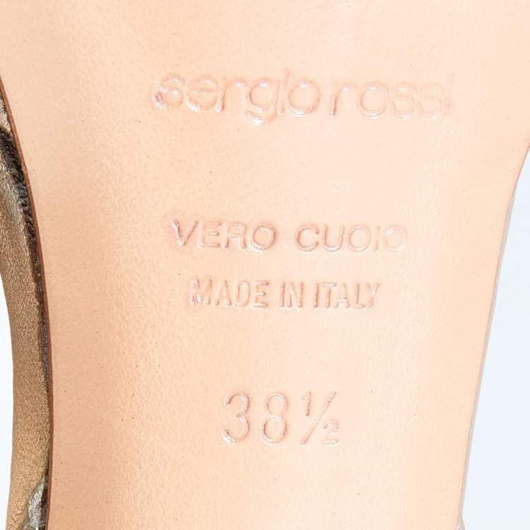 Pre Owned Sergio Rossi Metallic Gold Leather Embroidered Ankle Cuff Sandals Size 38.5