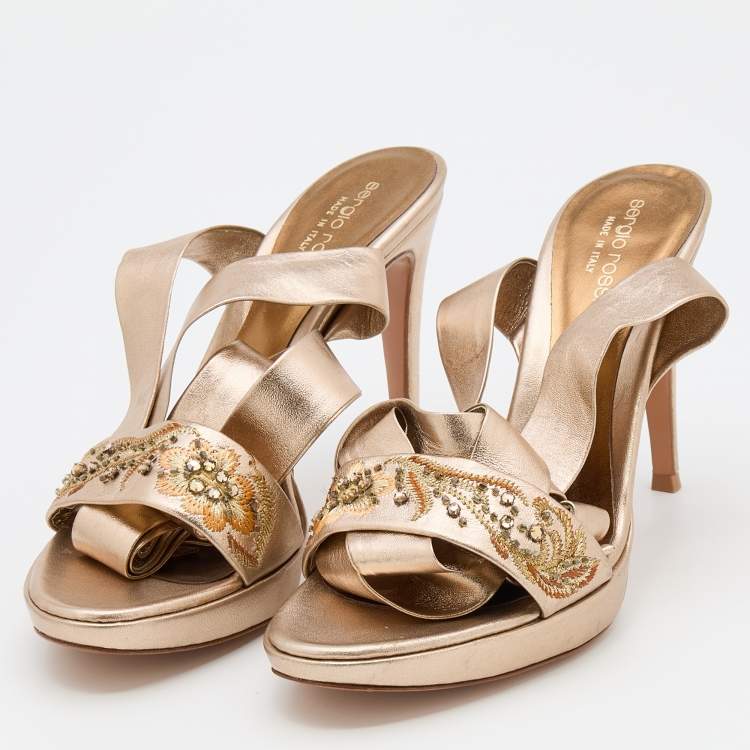Pre Owned Sergio Rossi Metallic Gold Leather Embroidered Ankle Cuff Sandals Size 38.5