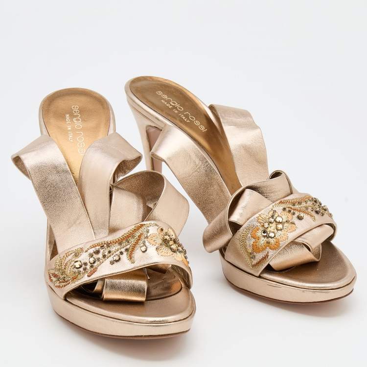 Pre Owned Sergio Rossi Metallic Gold Leather Embroidered Ankle Cuff Sandals Size 38.5