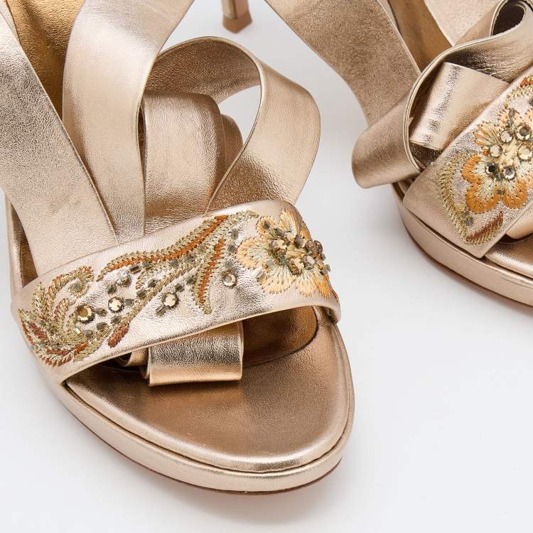 Pre Owned Sergio Rossi Metallic Gold Leather Embroidered Ankle Cuff Sandals Size 38.5