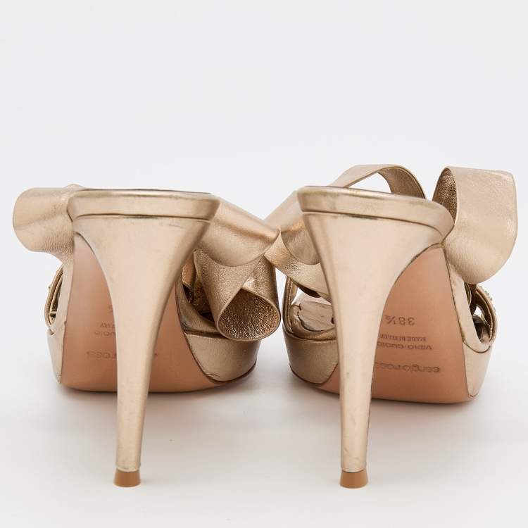 Pre Owned Sergio Rossi Metallic Gold Leather Embroidered Ankle Cuff Sandals Size 38.5