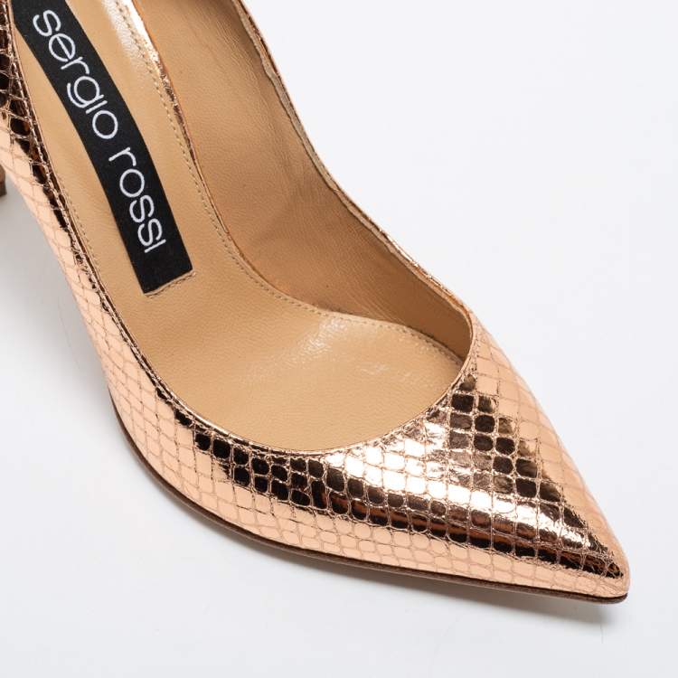 مملوكة مسبقًا Sergio Rossi Rose Gold Python Embossed Leather Pointed Toe Pumps Size 36.5