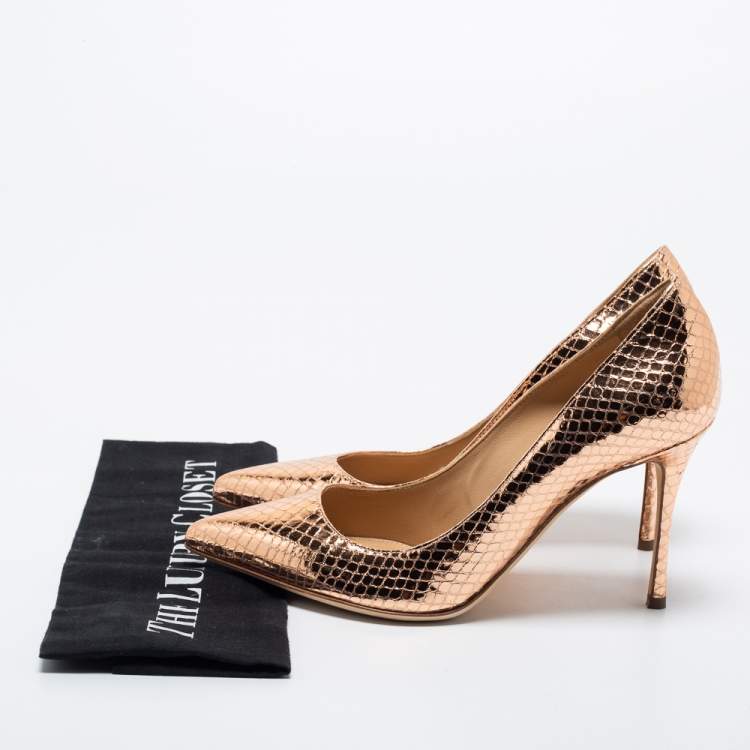 مملوكة مسبقًا Sergio Rossi Rose Gold Python Embossed Leather Pointed Toe Pumps Size 36.5