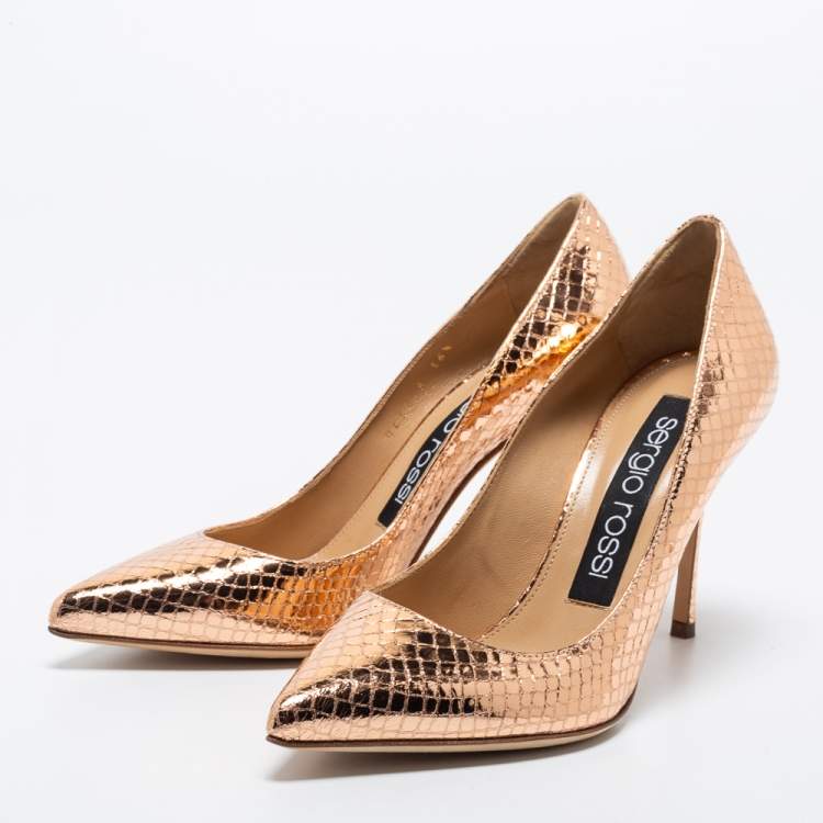 مملوكة مسبقًا Sergio Rossi Rose Gold Python Embossed Leather Pointed Toe Pumps Size 36.5