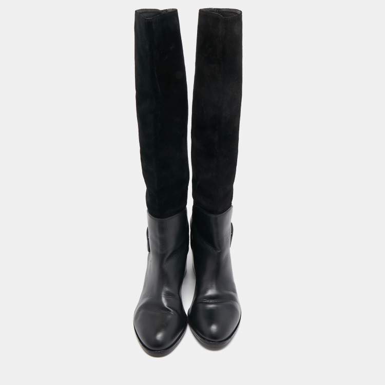 Pre Owned Sergio Rossi Black Leather and Suede Mild Calf Boots Size 37.5