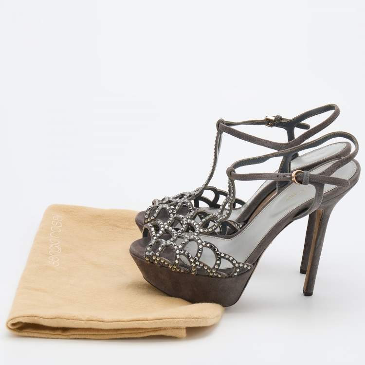 Pre Owned Sergio Rossi Grey Suede Embellished Strappy Scalloped Platform Sandals Size 36