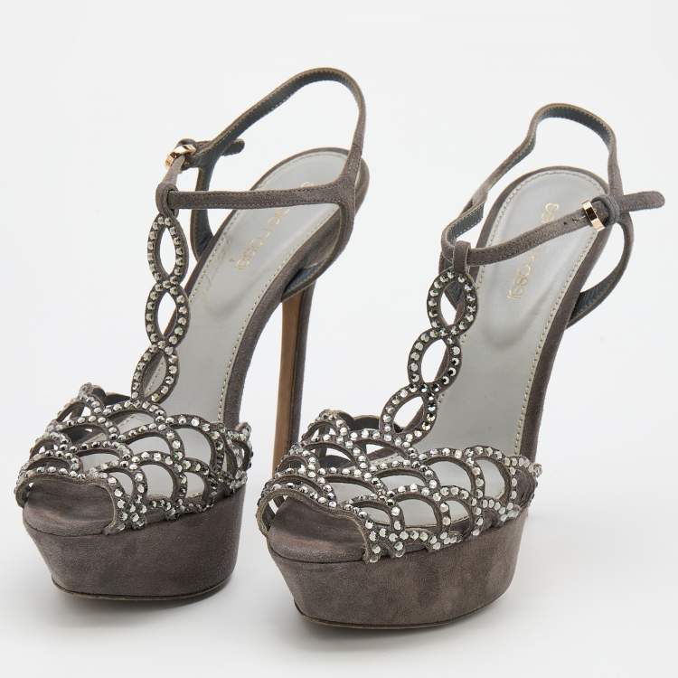 Pre Owned Sergio Rossi Grey Suede Embellished Strappy Scalloped Platform Sandals Size 36