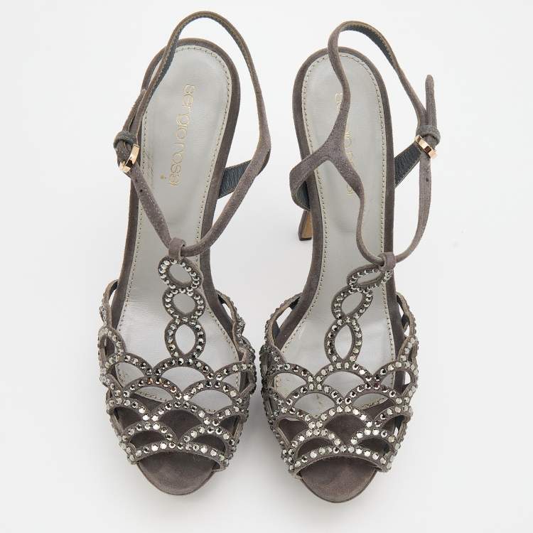 Pre Owned Sergio Rossi Grey Suede Embellished Strappy Scalloped Platform Sandals Size 36