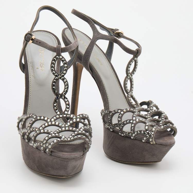 Pre Owned Sergio Rossi Grey Suede Embellished Strappy Scalloped Platform Sandals Size 36