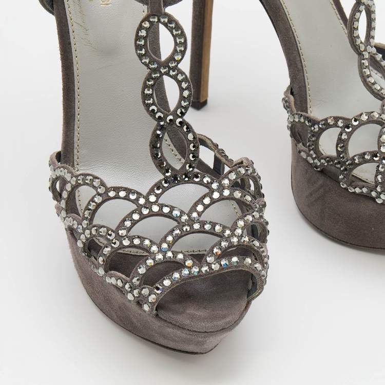 Pre Owned Sergio Rossi Grey Suede Embellished Strappy Scalloped Platform Sandals Size 36