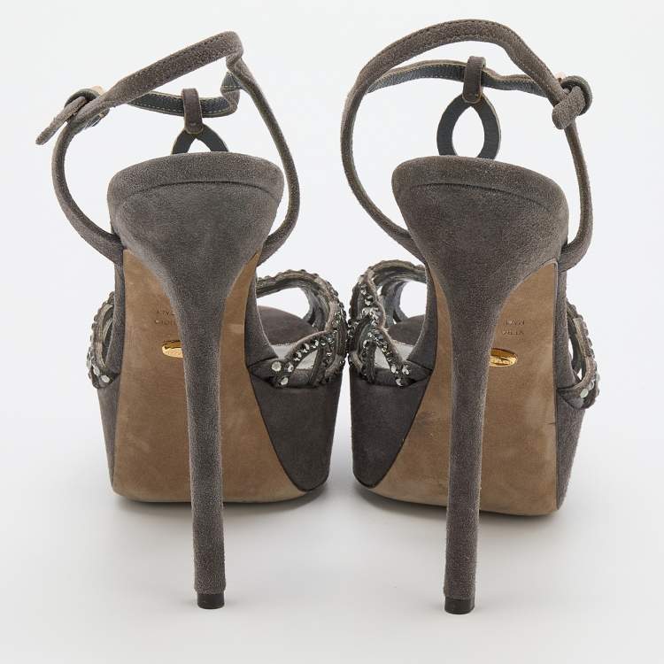 Pre Owned Sergio Rossi Grey Suede Embellished Strappy Scalloped Platform Sandals Size 36