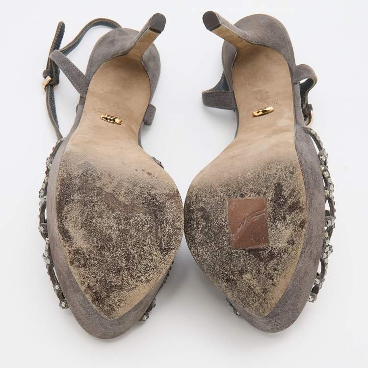 Pre Owned Sergio Rossi Grey Suede Embellished Strappy Scalloped Platform Sandals Size 36