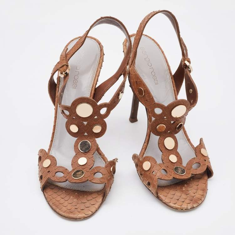 Pre Owned Sergio Rossi Brown Python Embossed Leather T-Strap Sandals Size 37