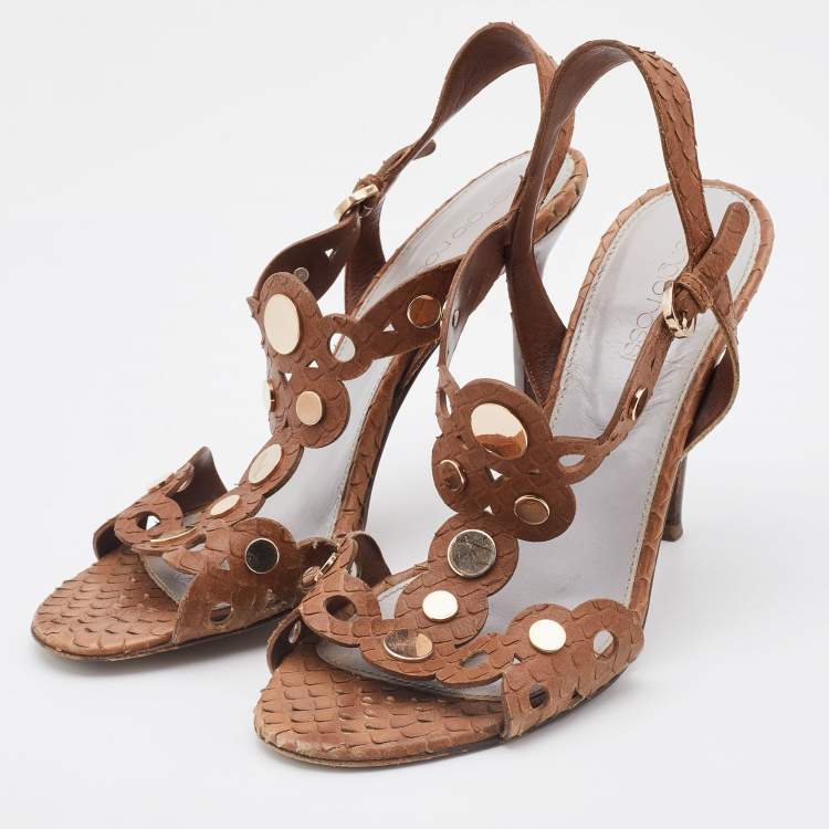 Pre Owned Sergio Rossi Brown Python Embossed Leather T-Strap Sandals Size 37