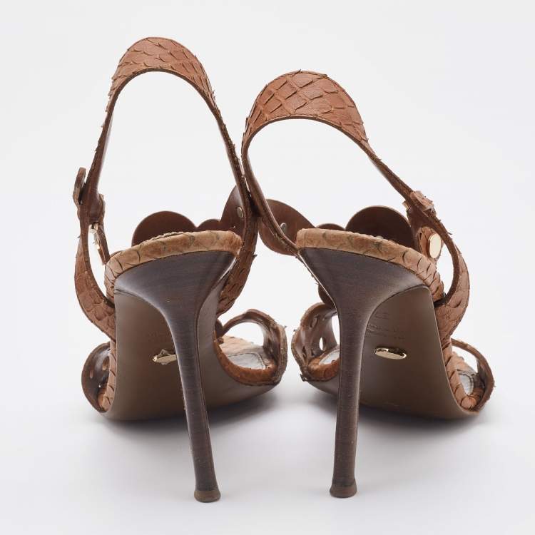 Pre Owned Sergio Rossi Brown Python Embossed Leather T-Strap Sandals Size 37